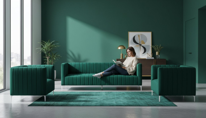 Sofagarnitur Dreisitzer Stoff Wohnzimmer Samt Design Grün Sofa 2 Sessel Gruppe