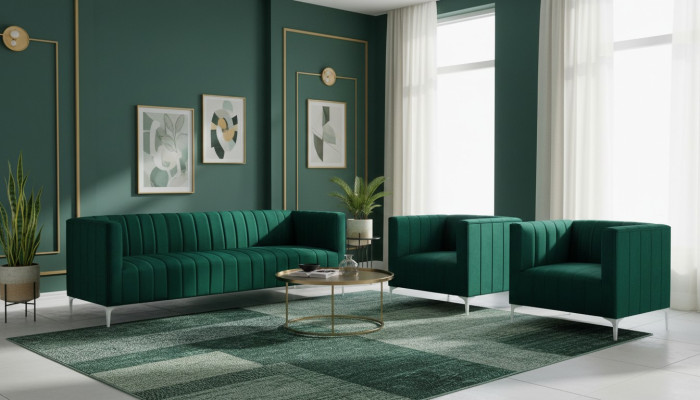Sofagarnitur Dreisitzer Stoff Wohnzimmer Samt Design Grün Sofa 2 Sessel Gruppe