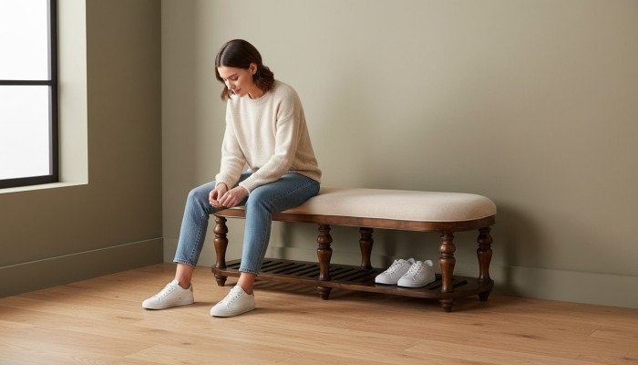 Hocker Polsterhocker Fuß Möbel Wohnen Sitzbänke Sitz Leder Beige Design Textil