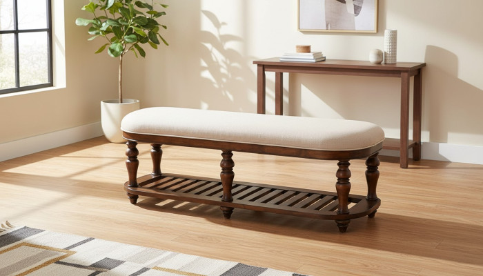 Hocker Polsterhocker Fuß Möbel Wohnen Sitzbänke Sitz Leder Beige Design Textil