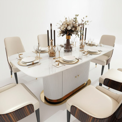 Marmor Designer Ess Tisch + 6 Stühle Set Garnitur Zimmer Gruppe 7 tlg. Tische
