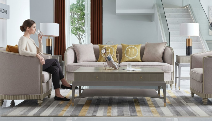 Designer Couch Sitz Polster 3+1+1 Sitzer BeigeTextil Garnitur Sofa Samt Neu
