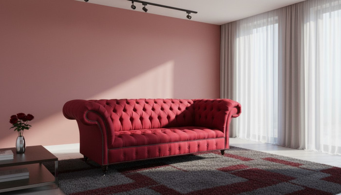 Dreisitzer Design Polster Textil Sofa 3er Möbel Chesterfield Luxus Rote Couchen