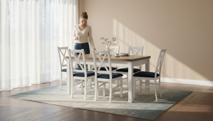 Esstisch Garnitur Tisch 6xStühle Stuhl Esszimmer Garnitur Tisch Holz Textil 7tlg