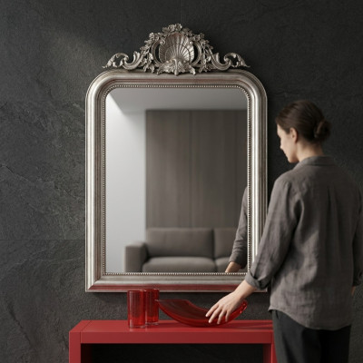 Klassischer Design Spiegel Wandspiegel Barock Rokoko Luxus Möbel Holz Rahmen Silber
