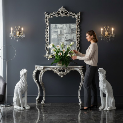 Barock Konsolentisch Anrichte Wandtisch Dielen Tisch Klassischer Holz Silber neu