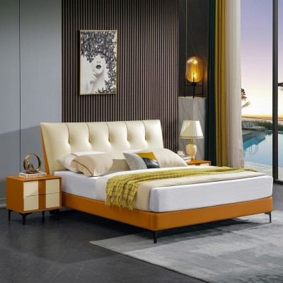 Luxus Lederbett Bett Doppel Ehe Polster Hotel Komplettes Set Nachttische