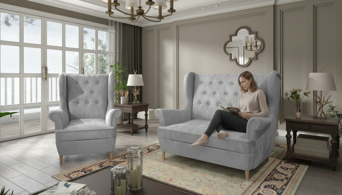 Graue Stoff Chesterfield Sofagarnitur 2+1 Sitzer Sofa Couch Polster Samt