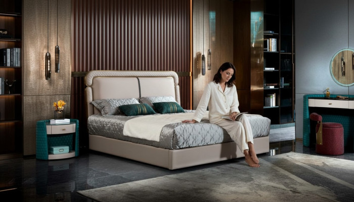 Bett Schlafzimmer Beige Doppelbett Lederbett Modern Design Möbel Holz