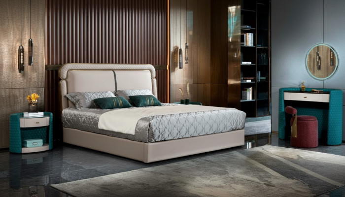 Bett Schlafzimmer Beige Doppelbett Lederbett Modern Design Möbel Holz