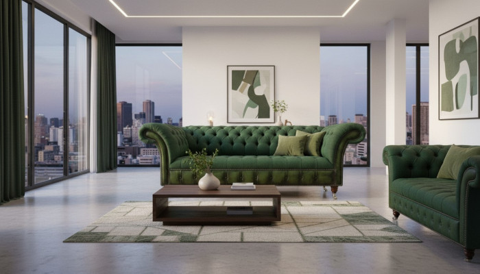 Chesterfield 3 Sitzer Dunkelgrün Wohnzimmer Design Couchen Polster Sofa Textil