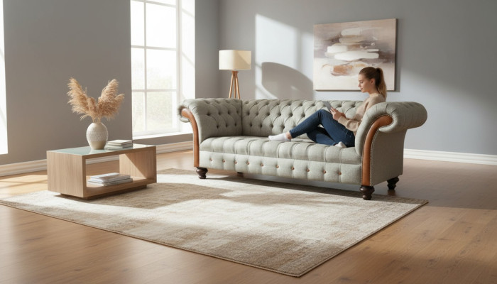 Chesterfield 3 Sitzer Beige Wohnzimmer Design Couchen Polster Sofa Sofas Textil
