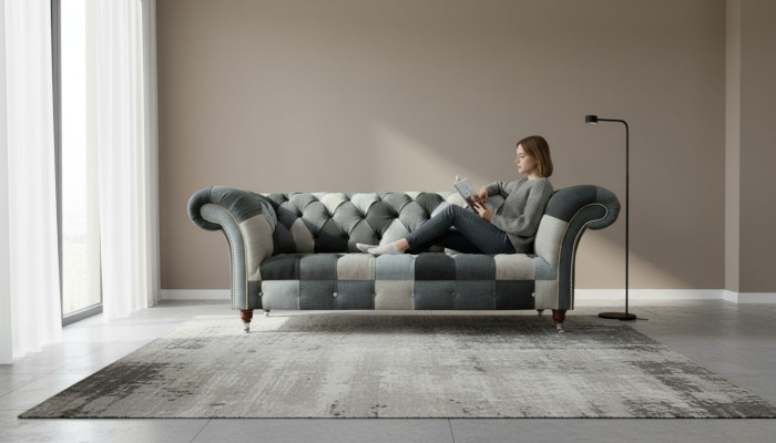 Dreisitzer Wohnzimmer Design Couchen Polster Sofa Sofas Samt Stoff Chesterfield