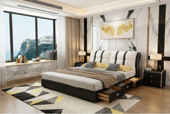 Designer Bett Schlafzimmer Betten Textil Hotel Luxus Polster Sitz Stoff Italien