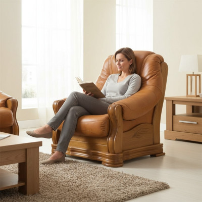 Sessel Fernseh Holz Sessel Echtes Leder Gepolsterter Sitz Lounge Club Möbel Neu