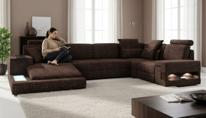 Ecksofa U-Form Moderne Sofa Ledersofa Ecksofa Polster Stoff Textil Design Sofa