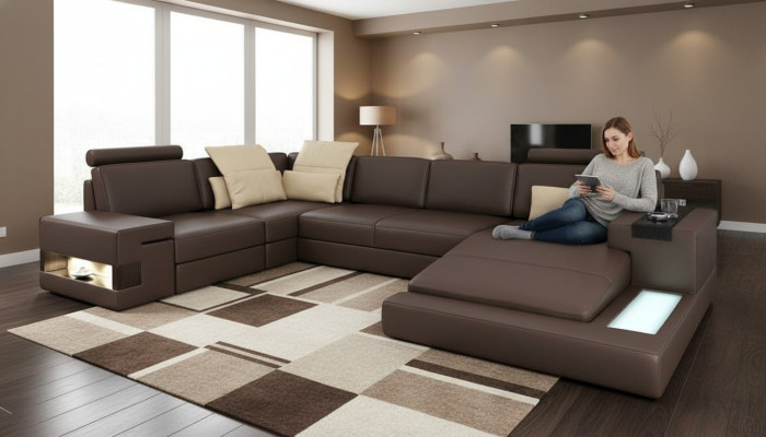 Design Ecksofa U-form Bettfunktion Couch Leder Sofas Schlafsofa Stoff Neu