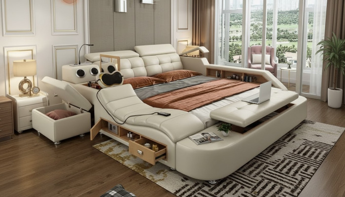 Multifunktions Bett Luxus Design Leder Betten Doppel Regal 180x200cm
