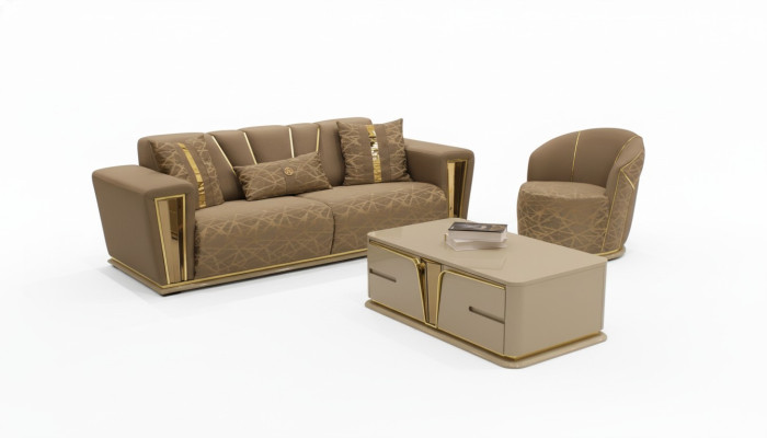 Sofagarnitur 3+1+1 Sitzer Textil Holz Sofa 3 Sitzer Modern Sessel Komplett Set