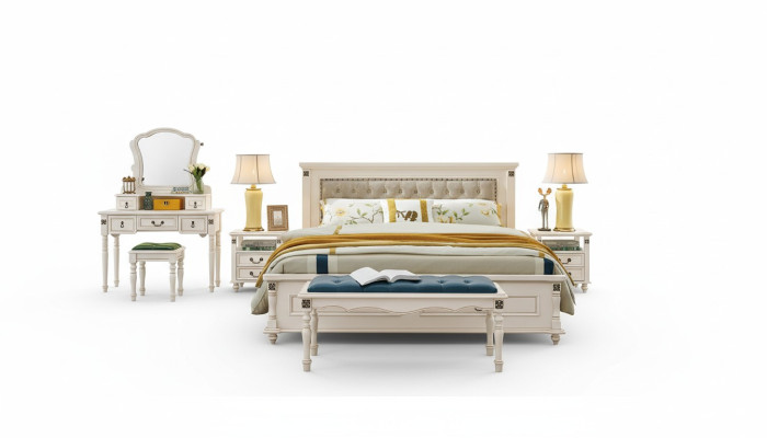 Edles Doppelbett mit luxuriösem Holzdesign und gepolstertem Kopfteil