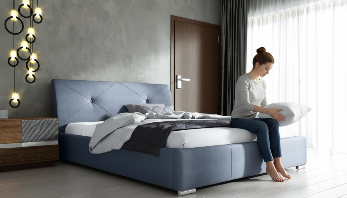 Blaues Polster Bett Doppel Hotel Betten Schlafzimmer Bettrahmen Stoff Blau Holz