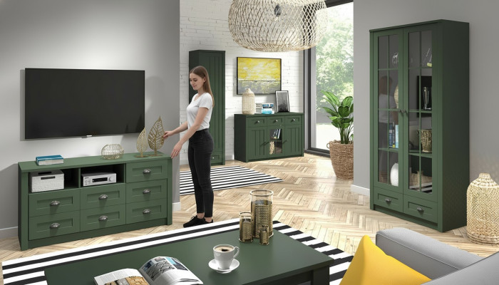 Wohnzimmer Komplettset Landhaus Möbel Set 5 tlg. Wohnwand Holz Kommode Tisch