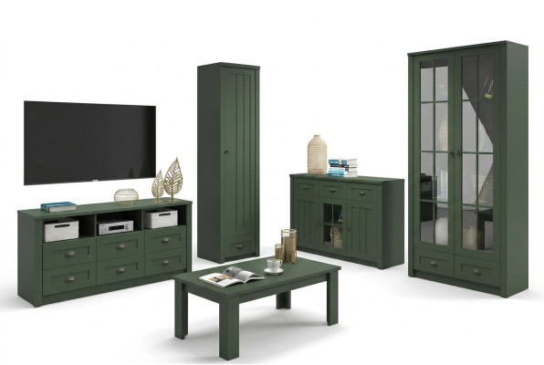 Wohnzimmer Komplettset Landhaus Möbel Set 5 tlg. Wohnwand Holz Kommode Tisch
