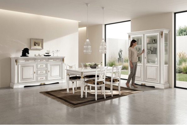 Esszimmer Esstisch Stuhl Kommode Vitrine Gruppe Garnitur Holz Weiß Set 7tlg Neu