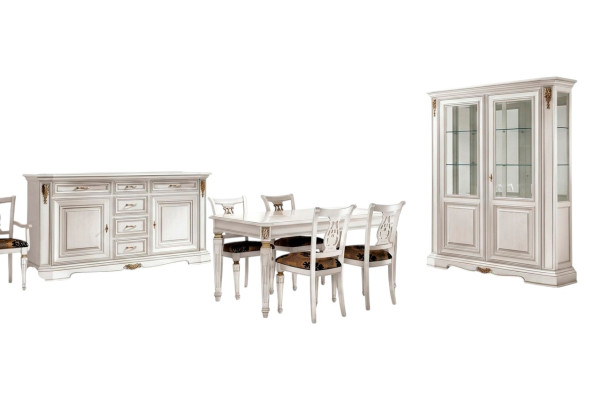 Esszimmer Esstisch Stuhl Kommode Vitrine Gruppe Garnitur Holz Weiß Set 7tlg Neu