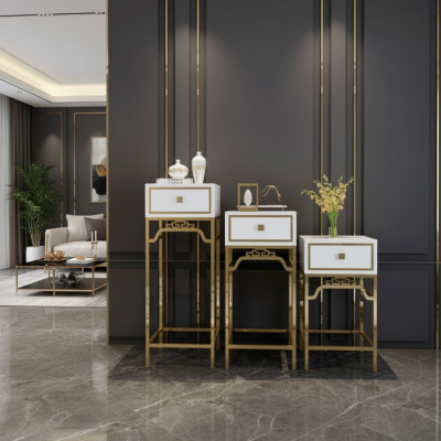 Ständer Konsolen Tisch Säule Design Regal – Holz mit Edelstahl Hochglanz