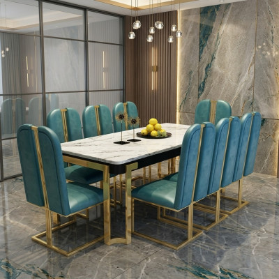 Edelstahl Marmor Imitation Tisch + 8 Lehn Stühle Ess Zimmer Gruppe