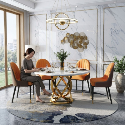 Design Rund Ess Zimmer Stuhl Set Tische Metall Sessel 4x Stühle + Tisch