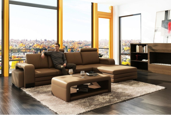 Ecksofa Sofa Garnitur 3tlg. Couch Tisch Hocker Leder Garnitur Couchen