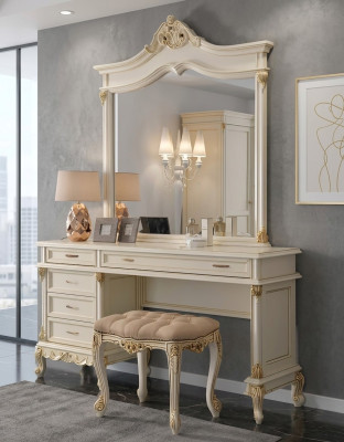 Schminktisch mit Spiegel Luxus Konsole Kommode Schlafzimmer Barock Rokoko Massivholz
