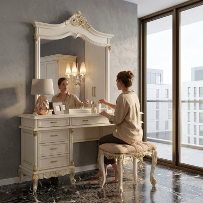 Schminktisch Barock Rokoko Konsolen Tische + Hocker Frisiertisch Make Up Tisch Massivholz
