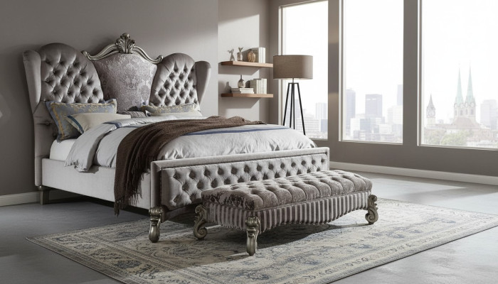 Bett Polsterbett Luxus Doppel Schlafzimmer Deko Barock Holz Leder Betten