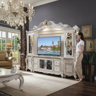 Fernseh Wand Klassisch Wohnwand Echt Handarbeit Holz Deko Vitrine Regal