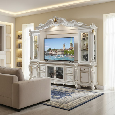 Fernseh Wand Klassisch Wohnwand Echt Handarbeit Holz Deko Vitrine Regal