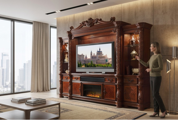 Designer Wohnzimmer Klassisch Dekorative TV Anbauwand Medienwand Fernsehwand
