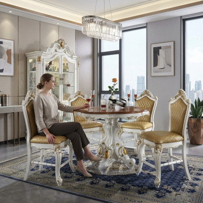 Runder Esszimmer + 4 Stühle Stuhl Deko Set Garnitur Runder Esstisch Holzmöbel
