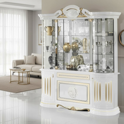 Vitrine Italienische Möbel Wohnzimmer Schrank Weiß Gold Glasvitrine Schränke Neu