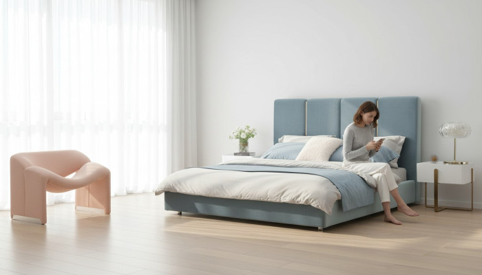 Designer Bett Blau 180x200 Schlafzimmer Betten Textil Hotel Luxus Polster Sitz