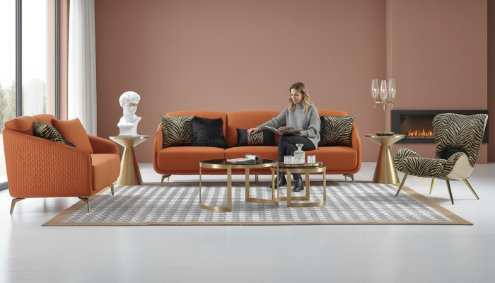 Dreisitzer Couch Polster Design Sofa Moderne 3er Sitz Sofas Zimmer Möbel Orange
