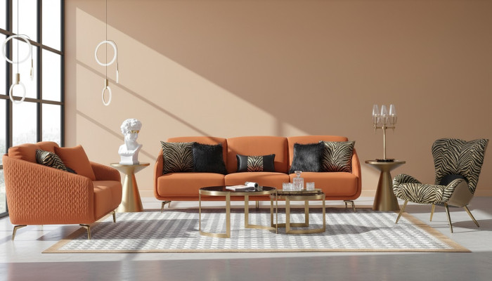 Dreisitzer Couch Polster Design Sofa Moderne 3er Sitz Sofas Zimmer Möbel Orange