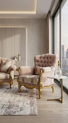 Design Sessel Luxus Holz Möbel klassisches Chesterfield Textil Wohnzimmer Neu