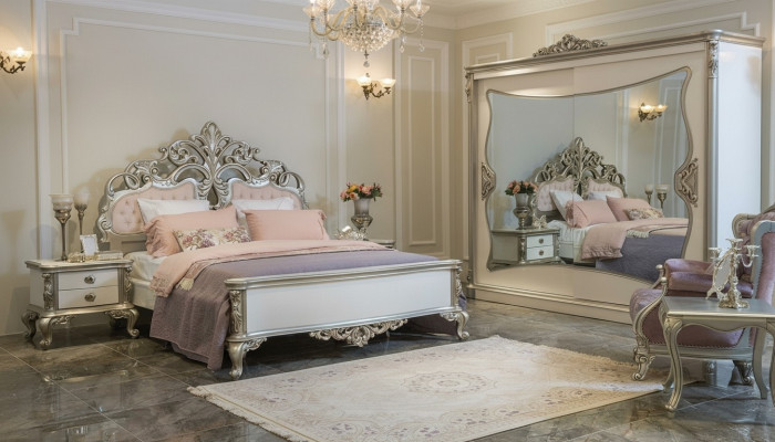 Schlafzimmer Set Luxus Bett 2x Nachttisch Kleiderschrank Sessel 6tlg.