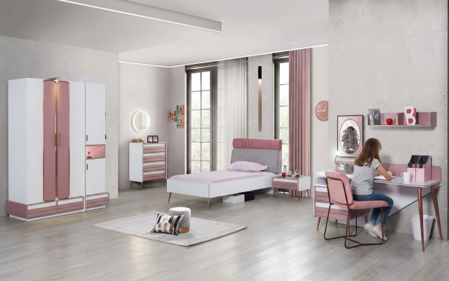 Komplett Jugendzimmer Kinderzimmer Set Tisch Bett Kleiderschrank Kommode 5tlg