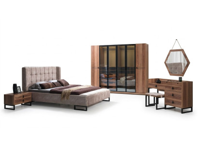 Schlafzimmer Set 5tlg. Luxus Bett 2x Nachttisch Kommode Kleiderschrank Holz Neu