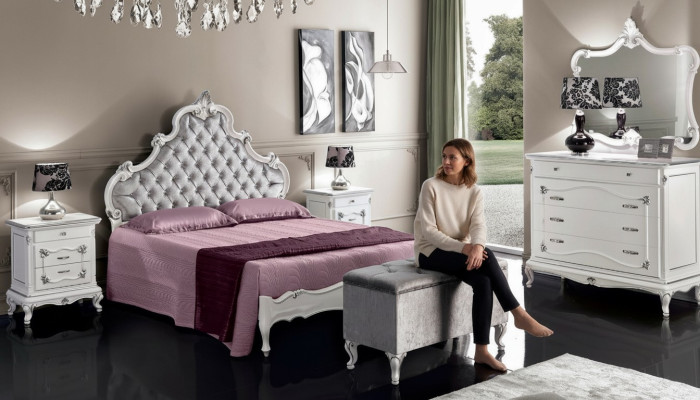 Klassische Möbel 6tlg Schlafzimmerset Bett 2x Nachttische Hocker Kommode Spiegel