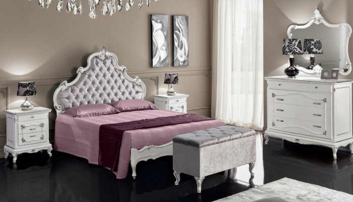 Klassische Möbel 6tlg Schlafzimmerset Bett 2x Nachttische Hocker Kommode Spiegel